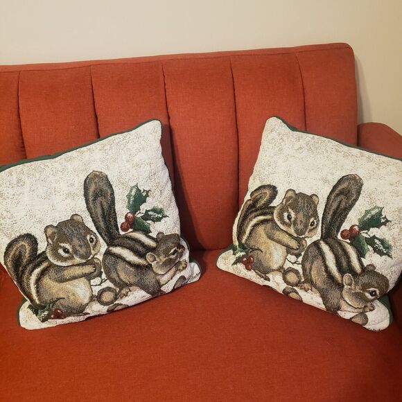Set of 2 Tapestry Chipmunk Pillows La France at Home Fraser Collection 15” USA - Picture 1 of 8